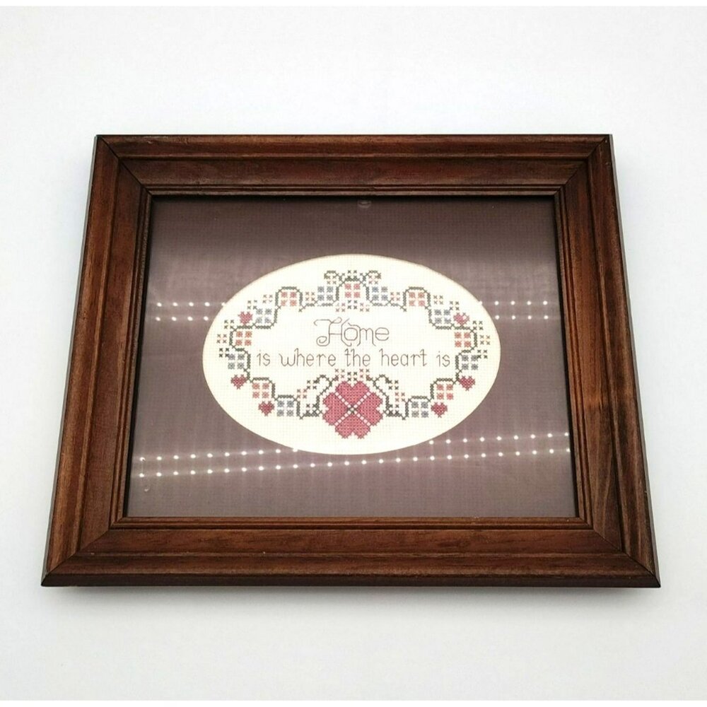 Framed Cross Stitch Home Is Where The Heart Is Rustic Farmhouse Decor Vintage